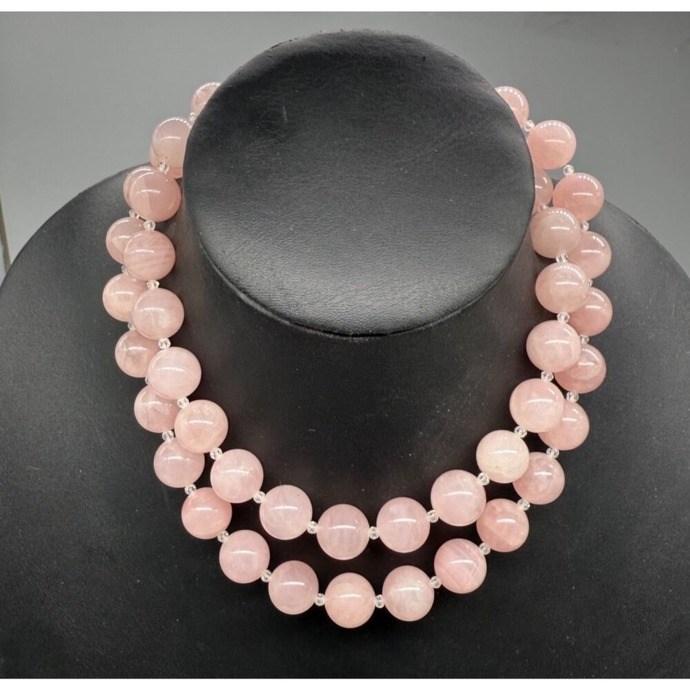 Rose Quartz Ball Beaded Double Strand Necklace Magnetic Clasp 16 Inches